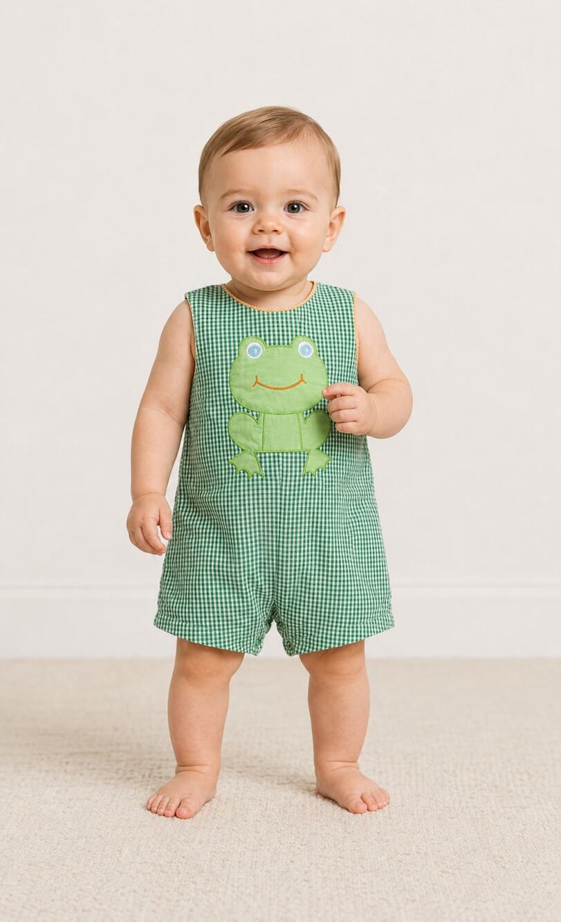 Petit Pomme Baby Boy Frog Romper Green Gingham Seersucker Shortall 9 Mos 70cm